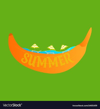 Beach banana banana boat in the sea with umbrellas vector image