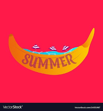 Beach banana banana boat in the sea with umbrellas vector image