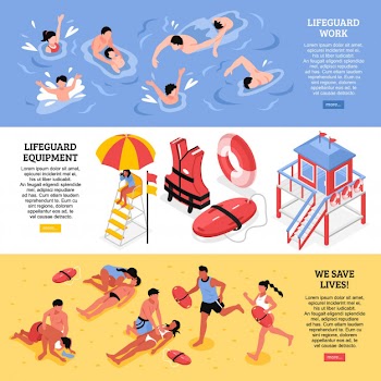 Beach lifeguards horizontal banners  illustrated lifeguard work equipment and rescue accessories isometric Free Vector