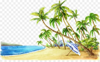 Beach Watercolor painting Fukei Coconut Landscape painting - Trees on the edge of the beach 