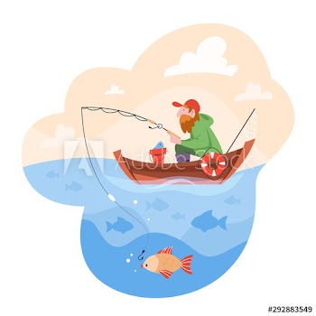 Bearded fisherman sitting in the boat and fishing