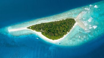Beautiful deserted island in the Maldives surrounded by coral reefs