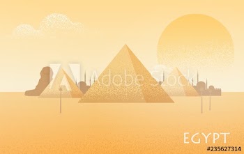 Beautiful Egypt desert landscape with silhouettes of Giza pyramid complex, statue of Great Sphinx, traditional buildings and large scorching sun on background