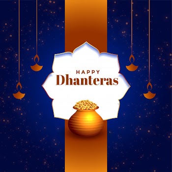 Beautiful happy dhanteras festival card with golden pot Free Vector