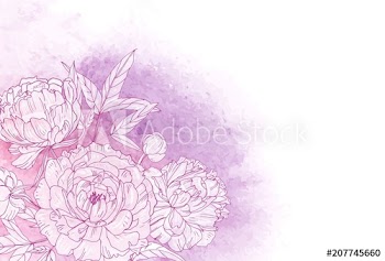 Beautiful horizontal floral backdrop decorated with blooming pink peonies at left bottom corner