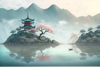 Beautiful illustration of a serene Chinese landscape at sunset