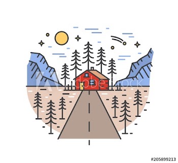Beautiful landscape with highway leading to house in forest surrounded by spruce trees and mountains
