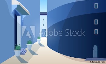 Beautiful Morocco cityscape with building walls, doors of traditional shape, outdoor plants growing in pots