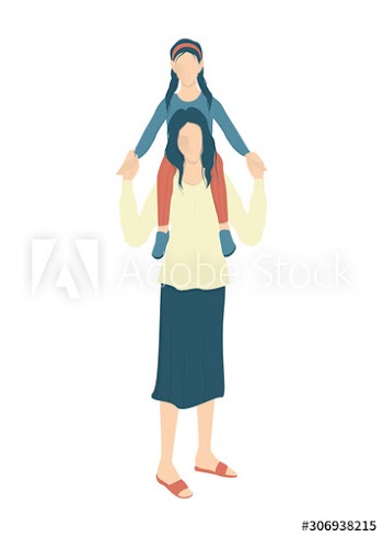 Beautiful mother holding her daughter on shoulders