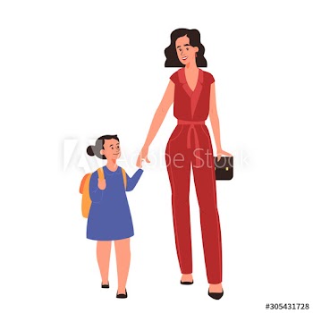 Beautiful mother walk her daughter to school