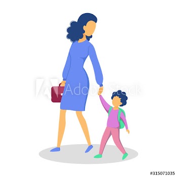 Beautiful mother walk her kid to school