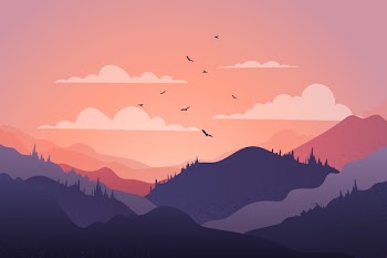 Beautiful mountain chain landscape at sundown with birds Free Vector
