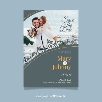 Beautiful ornamental wedding invitation template with photo Free Vector