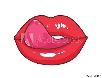 Beautiful plump glossy lips and tongue licking it isolated on white background
