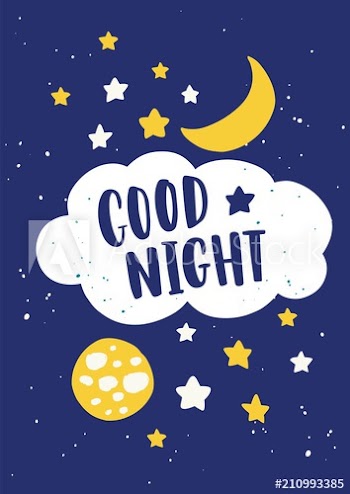 Beautiful poster template for baby's room with crescent, moon in sky, stars, clouds and Good Night lettering handwritten with elegant calligraphic font