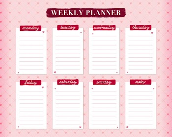 Beautiful red and pink weekly planner with hearts Free Vector
