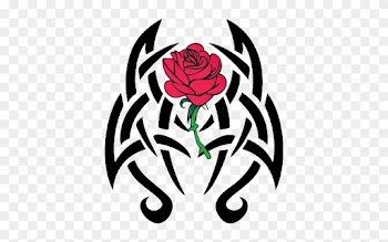 Beautiful Red Rose With Black Tribal Design Tattoo - Skull And Roses Tattoo