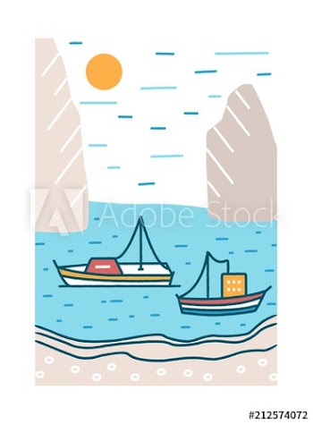 Beautiful summer landscape with boats or yachts sailing in sea or ocean bay against rocky cliffs and sun on background
