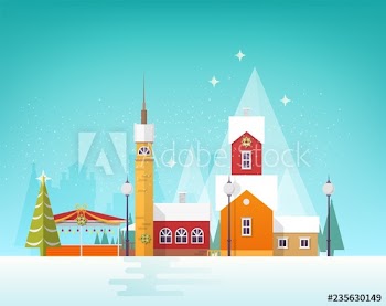 Beautiful view of winter city or town in snowfall
