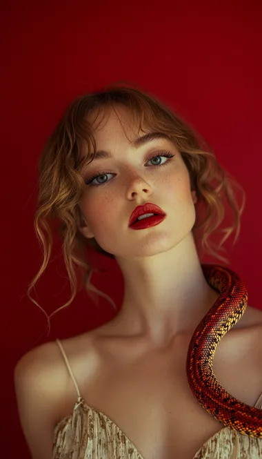 Beautiful woman in modern dress with red snake, studio fashion portrait Beautiful woman in modern dress with red snake, studio fashion portrait