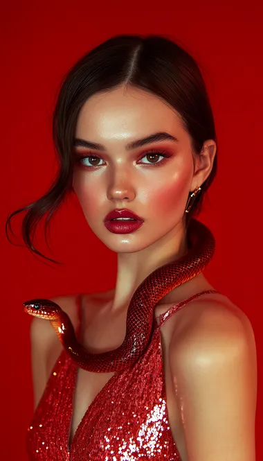 Beautiful woman in red dress with snake on shoulder, fashion portrait Beautiful woman in red dress with snake on shoulder, fashion portrait