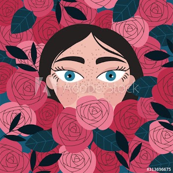 beautiful woman with black hair and floral decoration