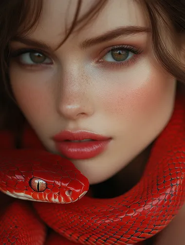 Beautiful Woman with Red Snake in Stunning Red Background Photo Beautiful Woman with Red Snake in Stunning Red Background Photo