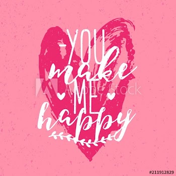 Beautiful You Make Me Happy inscription or phrase handwritten with calligraphic font against pink hand drawn heart on background