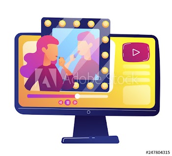 Beauty blogger presenting cosmetics in front of mirror video review on computer vector illustration