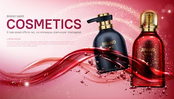 Beauty product cosmetics bottles banner. Free Vector