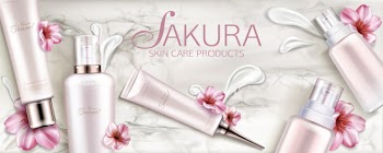 Beauty product line with sakura flowers and cream smear brush strokes on marble background. cosmetic cream, serum, spray, tubes packaging design realistic 3d vector Free Vector