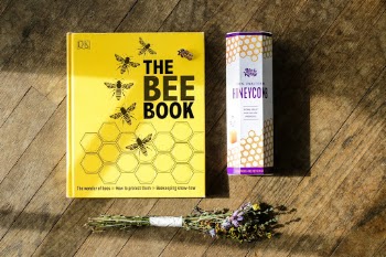 Bee Book and honeycomb product with lavender flowers flat lay on a wooden table