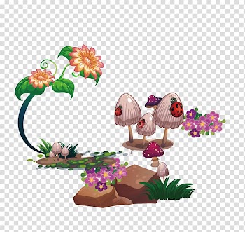 Bee Flower Pollen Illustration, Mushroom stone flower ladybird transparent background PNG clipart