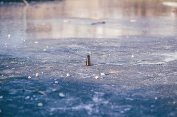 Beer bottle in a frozen pond