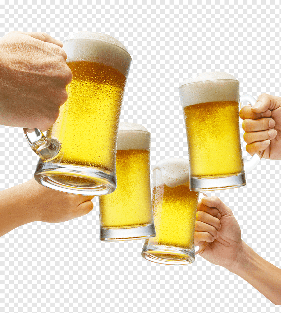 Beer Soft drink Juice Mead, Cheers holding beer, four hands holding clear glass beer mugs, distilled Beverage, beer Festival, happy Birthday Vector Images png