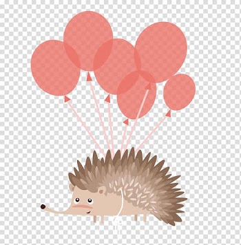 Beige and brown hedgehog under six pink balloons art, Hedgehog Birthday cake Balloon Greeting card, Hedgehog cartoon balloons transparent background PNG clipart