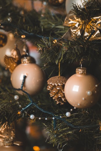 Beige Baubles and String Lights on Christmas Tree