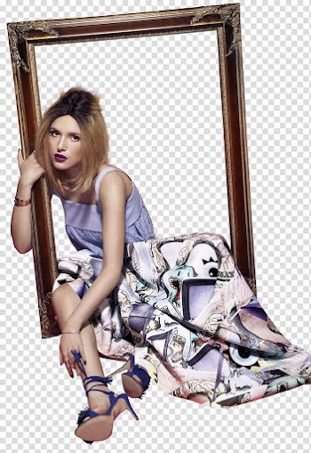 Bella Thorne, Demi Lovato sitting down on brown wooden frame transparent background PNG clipart