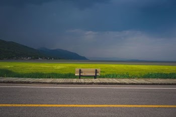 Bench Overlooking Farm Field And Oncoming Storm