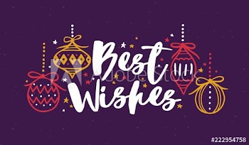 Best Wishes written with cursive calligraphic font and decorated with baubles and stars