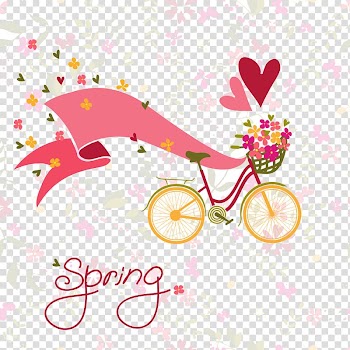 Bicycle carrying flowers with spring text overlay, Bicycle Flower Illustration, Bike Ribbon transparent background PNG clipart