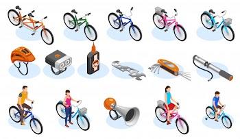 Bicycle isometric icons set with tools accessories and different types of bicycles vector illustration Free Vector
