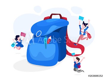Big backpack and school children around