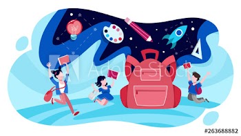 Big backpack and school children around