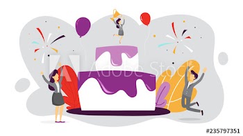Big cake and people around celebrate success