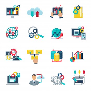 Big data analytics technology flat icons set with internet cloud