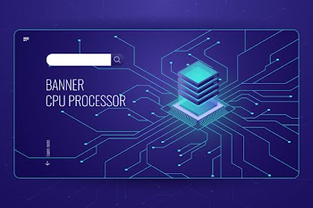 Big data processing, cpu processor isometric banner, network data transfer and calculation