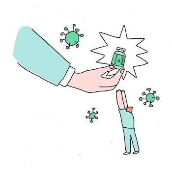 Big pharma vector and covid 19 vaccine doodle illustration with character