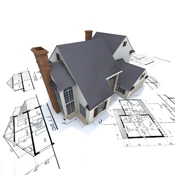 Big residential building with white façade and brick chimneys on top of architect blueprints