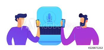 Big smart speaker and users standing and using smartphones vector illustration